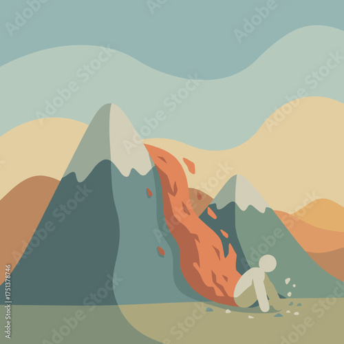 Stylized figure overwhelmed by a landslide depicting crisis despair or environmental impact