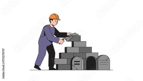Builder constructs a brick wall over gravestones symbolizing legacy past or foundational work