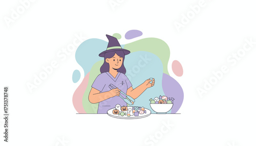 Healthcare worker in witch hat preparing Halloween treats with tongs Festive holiday celebration