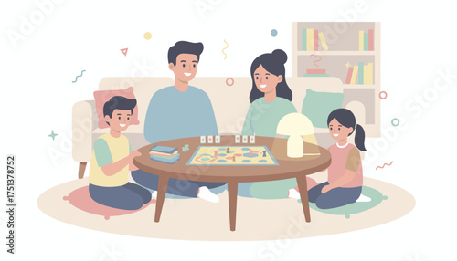 Happy family plays board game at home Quality time togetherness and leisure lifestyle concept