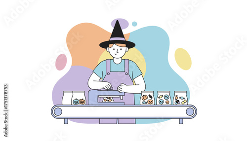 Worker in witch hat fills Halloween candy bags on a conveyor belt festive production