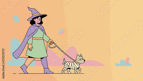 Witch walking a cute mummy dog for Halloween festivities Fun spooky pet lifestyle concept