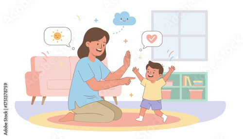 Happy mother and child playing together at home symbolizing family love joy and healthy upbringing