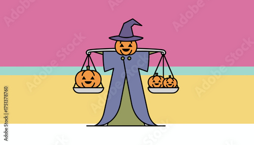 Halloween pumpkin character in witch hat balances jackolanterns on a scale