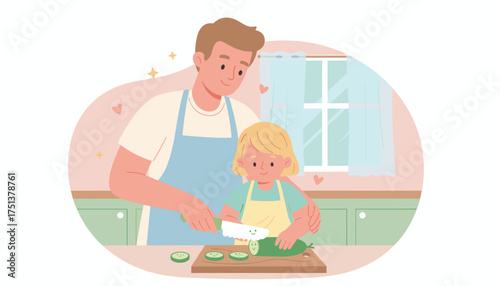 Happy father and daughter cooking together in kitchen slicing cucumber for healthy meal family lifestyle