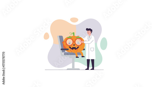 Doctor examines a happy pumpkin in glasses for a fun Halloween health checkup concept