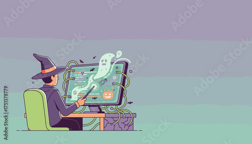 A witch character uses a computer to create digital Halloweenthemed designs with a magic wand