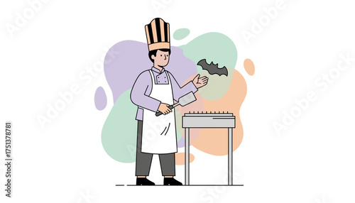 Illustration of a chef grilling a bat Halloween cooking spooky food and festive fun