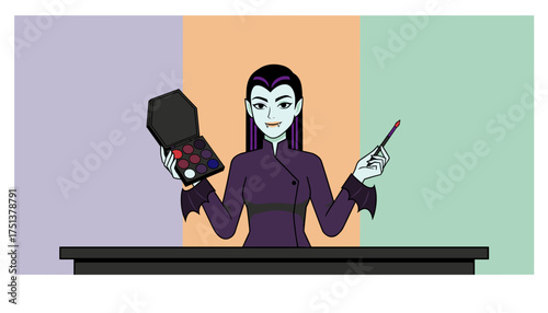 Vampire woman character applying makeup with palette and brush preparing for Halloween