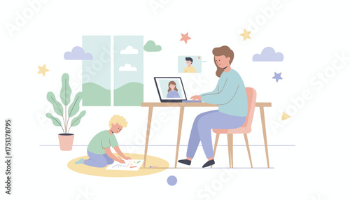 Woman working remotely on laptop child drawing at home Worklife balance busy parent