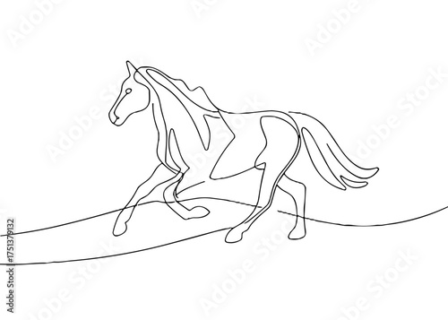 Simple line drawing of a horse running on a plain background  