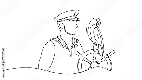 Sailor guiding ship's wheel with parrot perched on his shoulder  