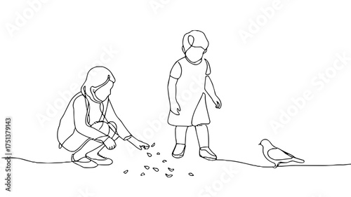 Two children feeding birds while playing outdoors in sketch style  