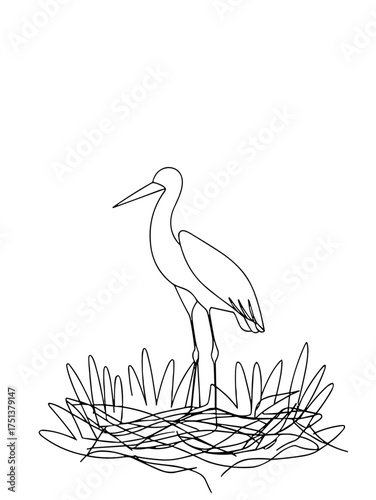 Line art of a heron standing in a nest surrounded by grass  