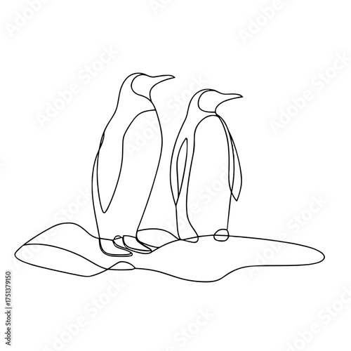 Line art illustration of two penguins standing on ice  