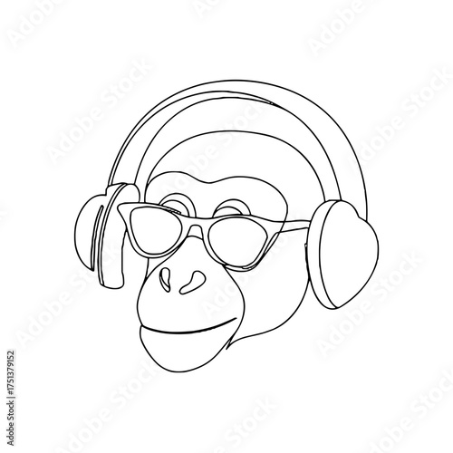 Line drawing of a monkey wearing headphones and sunglasses  