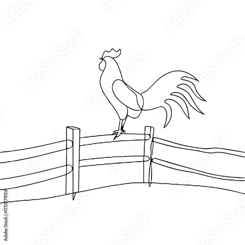 Line art of a rooster standing on a wooden fence  