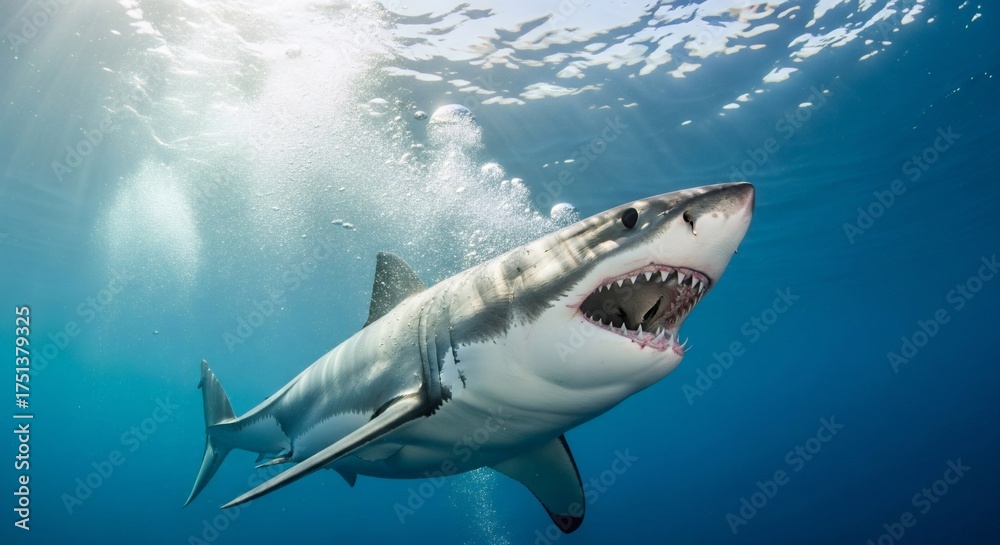 Fototapeta premium Great White Shark swimming in deep blue ocean with open mouth, jaws