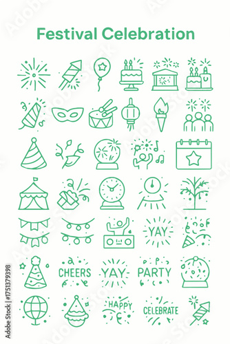 Festival Fireworks Celebration Icons Set – Colorful Party and Fireworks Symbols