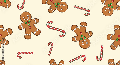 Festive holiday background featuring a repeating seamless pattern of gingerbread man cookies and candy canes johny (43)
