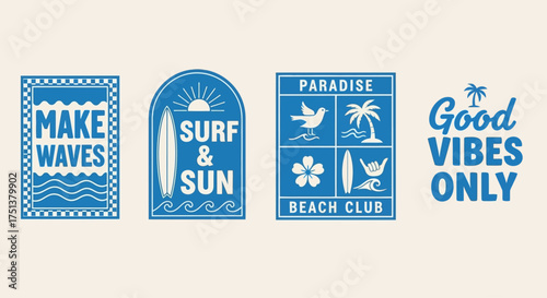 A collection of retro surfing labels and vintage summer beach emblems. Vector set of graphic design stamps for a tropical vacation