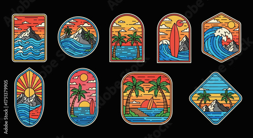 Collection of vintage surfing adventure patches and emblems. Vector set of tropical beach and ocean wave logos for summer travel
