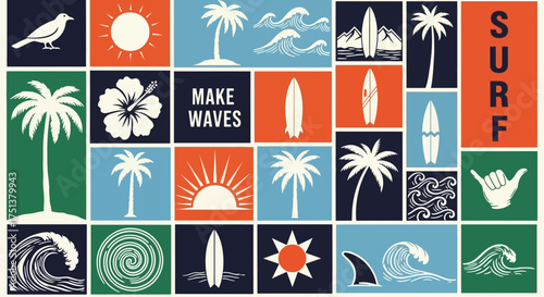 Creative set of summer surfing graphics and icons in a retro block collage style for tropical designs johny (59)