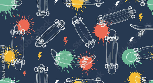 Energetic longboard doodle pattern with abstract colorful paint splatters and lightning bolts