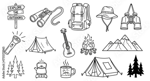 Hand-drawn collection of camping and hiking doodle icons. Set includes tent, campfire, backpack, and mountain elements for outdoor adventure