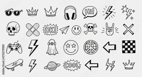 Hand-drawn doodle icon set with trendy youth culture symbols. A collection of sketchy graffiti elements like skulls, crowns, and peace signs