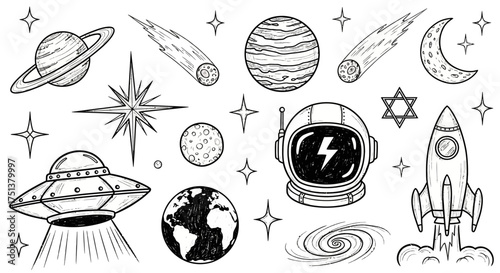 Vector doodle collection of outer space elements, featuring hand-drawn galaxy icons, planets, astronauts, rockets, and stars in a monochrome sketch style