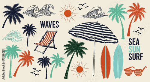 A hand-drawn collection of vintage summer beach elements featuring tropical palm trees, ocean waves, sun, and surfboards for vacation designs