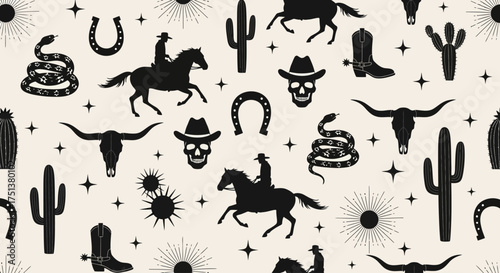 Seamless Wild West pattern with cowboy, horse, cactus, and skull silhouettes in a rustic bohemian design