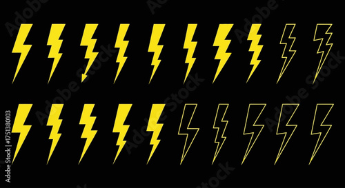 A dynamic set of yellow lightning bolt icons in solid and outline styles. Vector collection of electric thunder flash symbols for graphic design