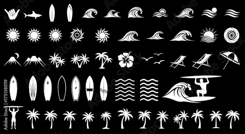 White silhouette icons of surfing, summer beach elements, and tropical symbols, a versatile design collection for graphic projects
