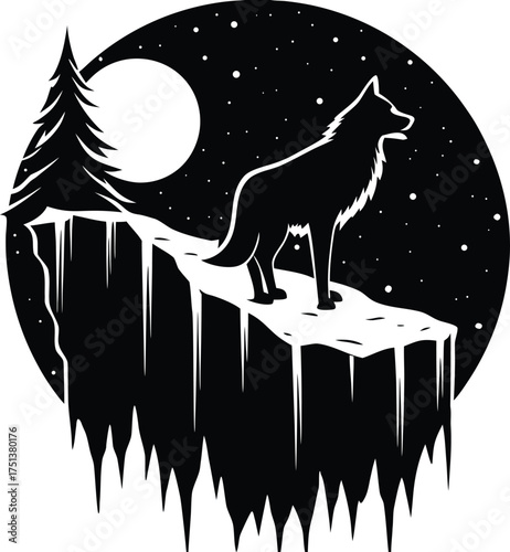Lone Wolf Howling Under a Starry Night Sky With a Full Moon and Snow-Covered Cliff Edge