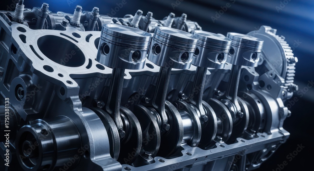 Fototapeta premium Detailed automotive engine showcasing pistons and crankshaft mechanism in polished metal design