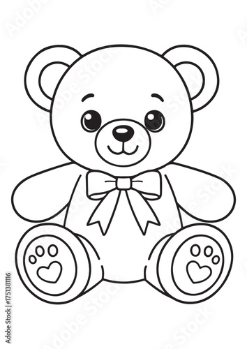 Cute bear coloring page.eps and print-ready. A charming bear with a big ribbon, illustrated in ISO size vector lineart for quick and easy coloring.