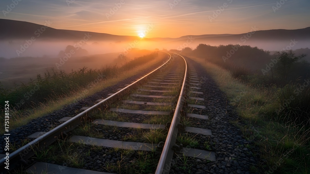 Fototapeta premium Railway Tracks at Sunrise A Journey Through Misty Landscapes