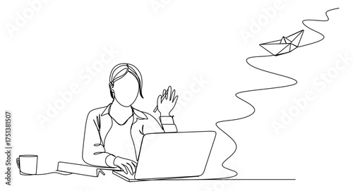 Woman with laptop computer in one continuous line drawing. Female user with paper boat for leadership concept in simple linear style