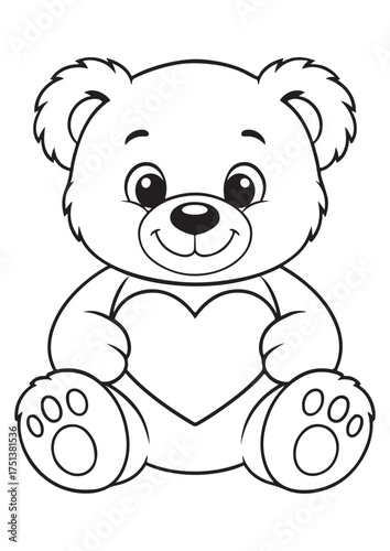 Cute bear coloring page.eps and print-ready. Charming bear holding a heart-shaped balloon, designed for fun and educational coloring for kids.