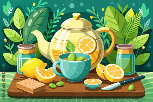 vector of Fresh ginger lemon tea with ginger slices on stylish table with lemon and mint leaves next to kitchen utensils