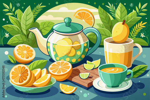 vector of Fresh ginger lemon tea with ginger slices on stylish table with lemon and mint leaves next to kitchen utensils
