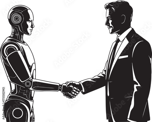 Humanoid robot and businessman shaking hands in black and white vector illustration android artificial intelligence