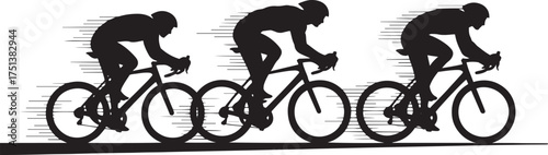 Three black silhouette cyclists in racing helmets on bicycles with speed lines cycling bike