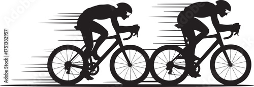 Two black silhouette cyclists racing on bicycles with motion lines cycling race
