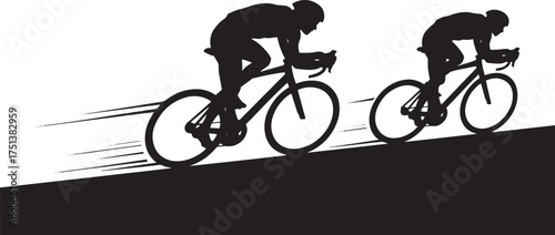 Two black silhouette cyclists racing uphill with motion lines cycling bicycle