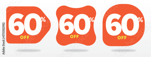 60% off, promo, commerce, price, value, advertising, sale, purchase, discount, special, offer, sticker, tag, store, retail, poster. Set, icon, vector, shape, store