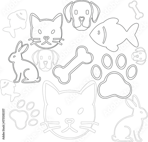 Seamless cat and dog line art pattern white background.