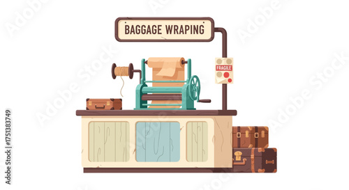 Baggage wrapping service point with equipment and luggage items, retro style